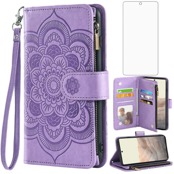 Compatible with Google Pixel 6 Pro Wallet Phone Case and Tempered Glass Screen Protector Flower Faux Leather Flip Credit Card Holder Stand Zipper Cell Cover for Pixel6Pro 6XL Pixle 6Pro Women Purple