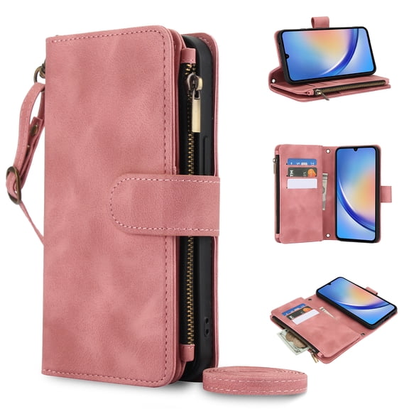 Compatible with Google Pixel 6 Wallet Case with Hand Wrist + Crossbody Shoulder Strap, RFID Blocking Shockproof Cards Holder Zipper Pocket Phone Case for Google Pixel 6, Rosegold