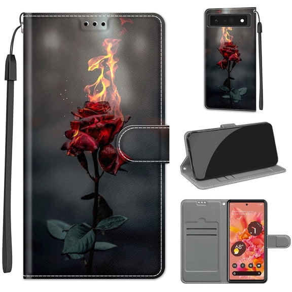 Compatible with Google Pixel 6 Wallet Case for Men Women, Premium PU Leather Flip Cover with Card Holder, Wrist Strap, Kickstand Shockproof Magnetic Clasp Case, Fire Rose