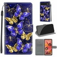 thumbnail image 1 of Compatible with Google Pixel 6 Wallet Case for Men Women, Premium PU Leather Flip Cover with Card Holder, Wrist Strap, Kickstand Shockproof Magnetic Clasp Case, Golden Blue Butterfly, 1 of 7