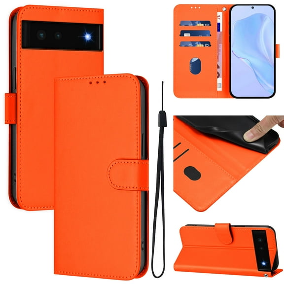 Compatible with Google Pixel 6 Wallet Case with RFID Blocking Credit Card Holder, PU Leather Folio Flip Kickstand Protective Shockproof Anti-fall Phone Case Cover Women Men,Orange