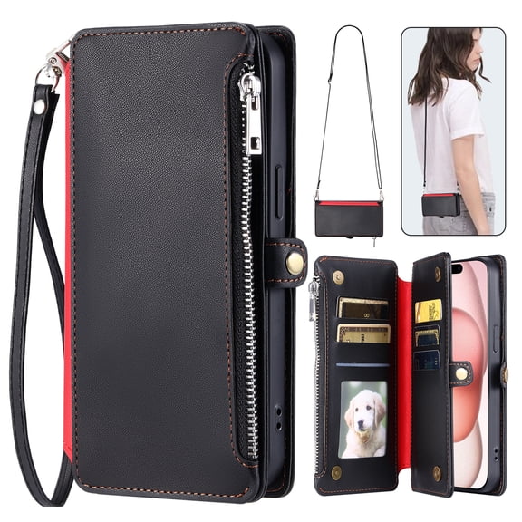 Compatible with Google Pixel 6 Wallet Case [RFID Blocking] Crossbody Strap Case PU Leather Zipper Pocket with Wrist Lanyard Magnetic Flip Kickstand Credit Card Holder Phone Case,Black