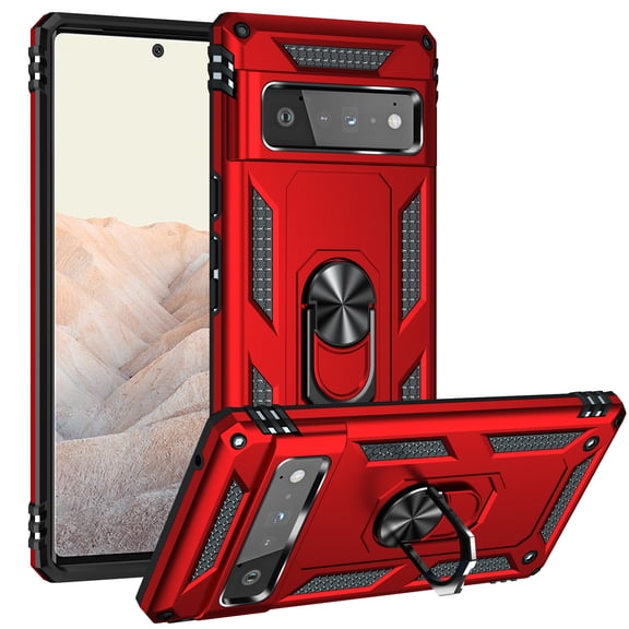 Compatible with Google Pixel 6A Case Built-in 360 Ring Holder Kickstand, Extreme Protection Military Armor Magnetic Car Dual Layer Protective Heavy Duty Phone Cover For Google Pixel 6A,Red