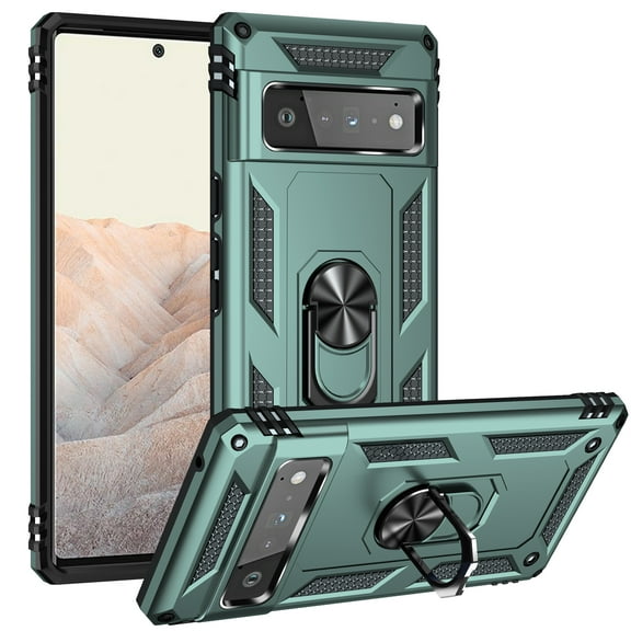 Compatible with Google Pixel 6A Case Built-in 360 Ring Holder Kickstand, Extreme Protection Military Armor Magnetic Car Dual Layer Protective Heavy Duty Phone Cover For Google Pixel 6A,Darkgreen
