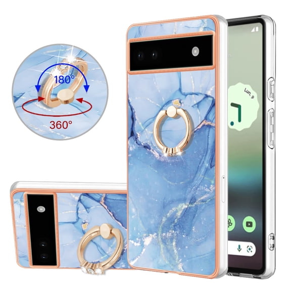 Compatible with Google Pixel 6A Case, Fantastic Marble Patterned Phone Case Anti-Scratch Slim Hybrid Hard Plastic Bumper+Soft Silicone TPU with Ring Kickstand Bumper Shockproof Cover,Blue