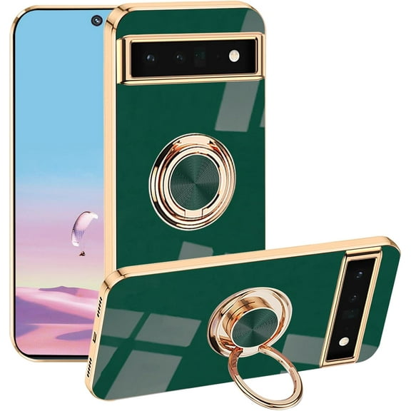 Compatible for Google Pixel 6A Case Ring Holder Magnet Silicone, Google Pixel 6A Phone Case Thin Protective Case Aesthetic Black 360° Rotatable Metal Stand (Dark Green)