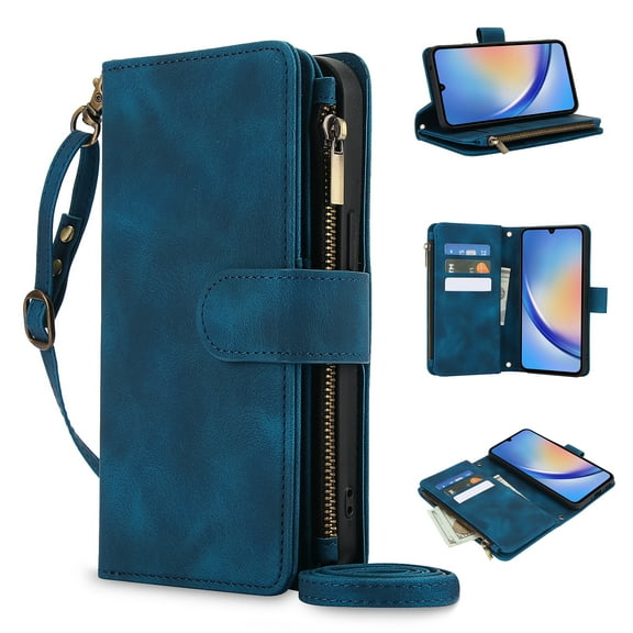 Compatible with Google Pixel 6A Wallet Case with Hand Wrist + Crossbody Shoulder Strap, RFID Blocking Shockproof Cards Holder Zipper Pocket Phone Case for Google Pixel 6A, Blue
