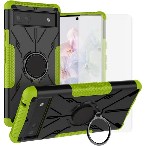 Compatible with Google Pixel 6a 5G Case and Tempered Glass Screen Protector Cover Slim Magnetic Ring Holder Stand Rugged Cell Phone Cases for Pixel6a5G Pixel6a a6 G5 Pixle 6a5G 2022 Women Men Green
