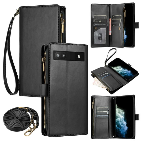 Compatible with Google Pixel 6a 6.1" Wallet Case, [9 Card Slots] [Cash Pocket] [Zipper Pocket] Removable Adjustable Crossbody Strap+Wrist Strap Magnetic PU Leather Kickstand Phone Case, Black