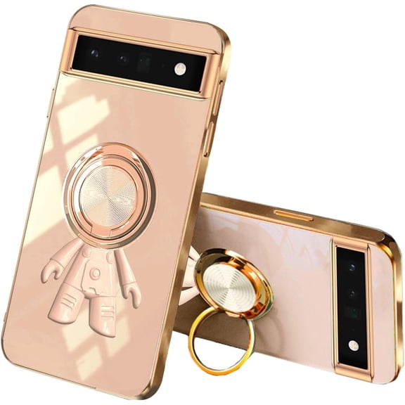 Compatible with Google Pixel 6a Case Silicone TPU Shockproof Google Pixel 6a Phone Case Plating Astronaut Cute Pattern TPU Cases with Ring (Google Pixel 6a, Apricot)