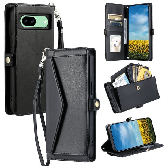 Compatible with Google Pixel 6a Crossbody Wallet Case with Card Holder,Women Men RFID Blocking PU Leather Flip Cover Wrist Strap Card Slots Cash Pocket ,Phone Case for Google Pixel 6a,Black