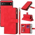 thumbnail image 1 of Compatible with Google Pixel 6a Wallet Case,[6 Card Slots] [Wrist Strap] [Stand Feature] Detachable 2 in 1 Magnetic Zipper Leather Cover Case for Google Pixel 6a,6.1 inch Red, 1 of 7