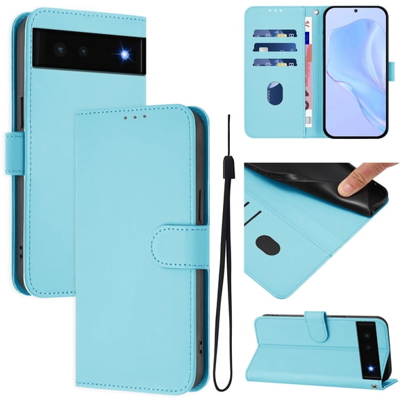 Compatible with Google Pixel 6a Wallet Case with RFID Blocking Credit Card Holder, PU Leather Folio Flip Kickstand Protective Shockproof Anti-fall Phone Case Cover Women Men,Skyblue