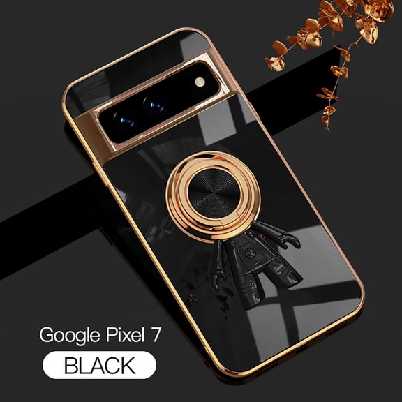 Compatible with Google Pixel 7 Cute Case with 3D Astronaut 360 Ring Holder Hidden Kickstand Plating Camera Protection Cover Soft Silicone Bumper Phone Case for Women Men,Black
