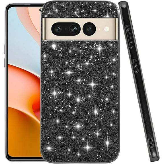 Compatible with Google Pixel 7 Pro Case Glitter Shockproof,for Google Pixel 7 Pro Phone Case Bling Sparkly Soft TPU and PC Silicone Shiny Girl Women Thin Protective Cover (Black)