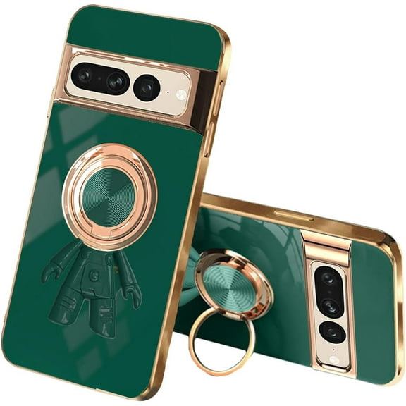 Compatible with Google Pixel 7 Pro Case with Ring Stand Plating Astronaut Pattern 360°Rotatable Ring Black,for Google Pixel 7 Pro Phone Case Silicone Shockproof Protective Slim Cover (Dark Green)