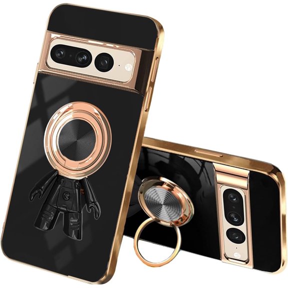 Compatible with Google Pixel 7 Pro Case with Ring Stand Plating Astronaut Pattern 360°Rotatable Ring Holder Black,for Google Pixel 7 Pro Phone Case Silicone Shockproof Protective Slim Cover (Black)