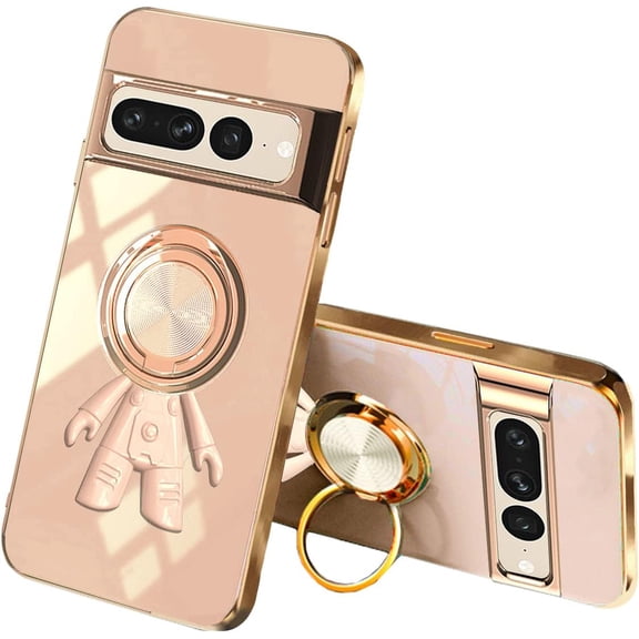Compatible with Google Pixel 7 Pro Case Silicone TPU Shockproof Google Pixel 7 Pro Phone Case Plating Astronaut Cute Pattern Cases with Ring (Apricot)