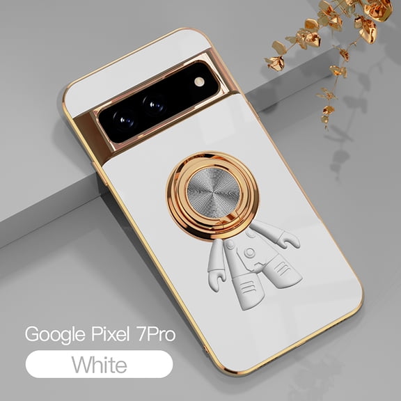 Compatible with Google Pixel 7 Pro Cute Case with 3D Astronaut 360 Ring Holder Hidden Kickstand Plating Camera Protection Cover Soft Silicone Bumper Phone Case for Women Men,White