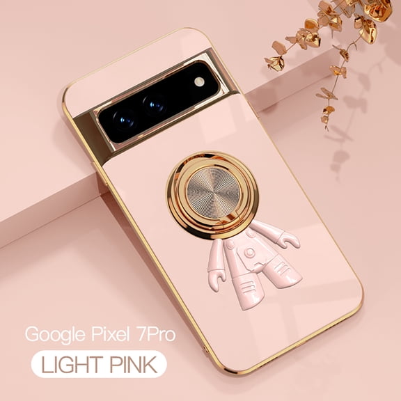 Compatible with Google Pixel 7 Pro Cute Case with 3D Astronaut 360 Ring Holder Hidden Kickstand Plating Camera Protection Cover Soft Silicone Bumper Phone Case for Women Men,Lightpink