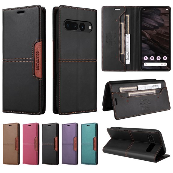 Compatible WIth Google Pixel 7 Pro Wallet Case,Magnetic Closure,Flip Folding Kickstand,With Card Slots,[RFID Blocking],With Shoulder Strap&Lanyard,PU Leather+TPU Shockproof Phone Case,Black