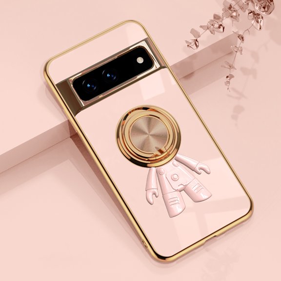 Compatible with Google Pixel 7A Cute Case with 3D Astronaut 360 Ring Holder Hidden Kickstand Plating Camera Protection Cover Soft Silicone Bumper Phone Case for Women Men,Lightpink