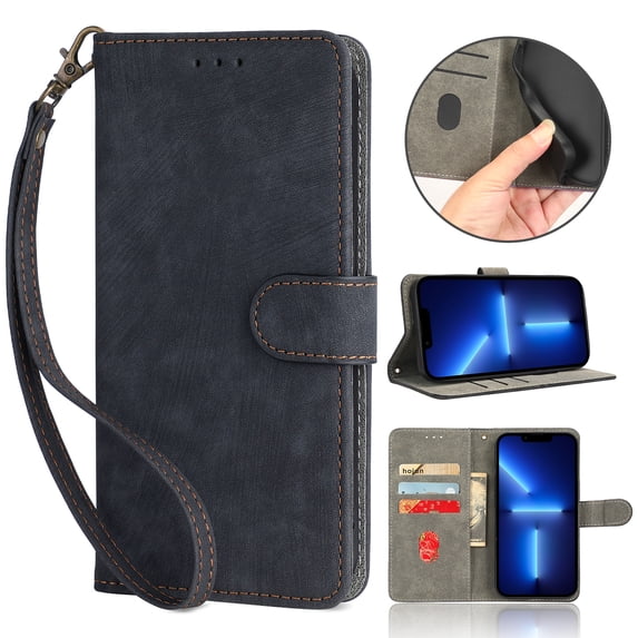 Compatible with Google Pixel 7A Wallet Case,RFID Blocking Vintage PU Leather Women Men Kickstand Magnetic Clasp Flip Kickstand Cover Wrist Strap Credit Card Holder Slots Phone Case,Black