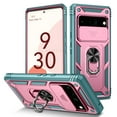 thumbnail image 1 of Compatible with Google Pixel 7a with Sliding Cover Lens Protection & Kickstand, Built-in 360° Rotate Ring Stand Magnetic Card Slot Hybrid Cover Case for Google Pixel 7a, Pink + Green, 1 of 11