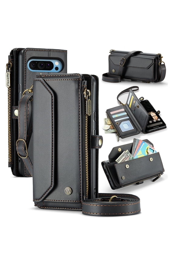 Compatible with Google Pixel 7a Wallet Case, 10 Card Slots & 1 Zipper Coin Pocket & 1 Cash Slot & 1 Cash Pocket & Lanyard & Crossbody Strap & Kickstand & RFID Blocking Phone Case, Black