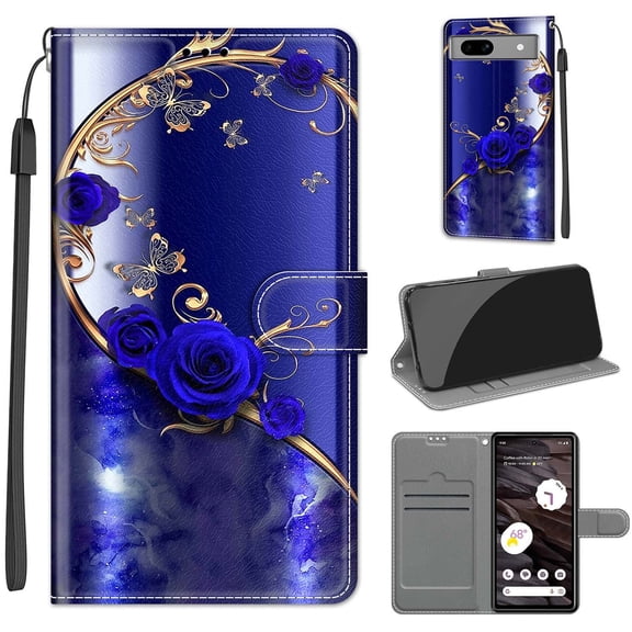 Compatible with Google Pixel 7a Wallet Case for Men Women, Premium PU Leather Flip Cover with Card Holder, Wrist Strap, Kickstand Shockproof Magnetic Clasp Case, Blue Rose + Golden Butterfly