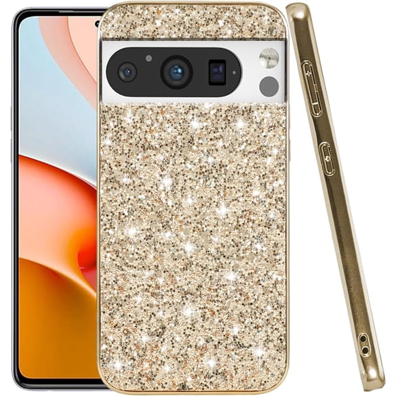 Compatible with Google Pixel 8 Case Glitter Shockproof, for Google Pixel 8 Phone Case Bling Sparkly TPU and PC Silicone Shiny Girl Women Thin Protective Cover (Gold)