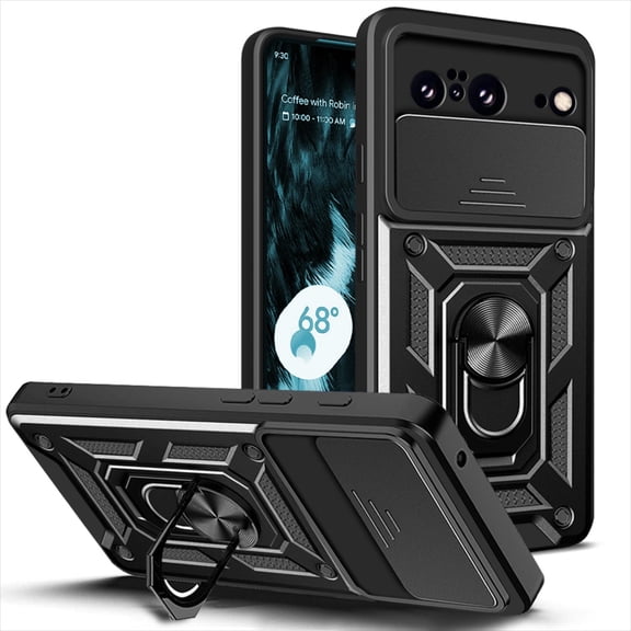 Compatible with Google Pixel 8 Case with Sliding Camera Lens Cover and Ring Kickstand Heavy Duty Military Grade Rugged Protection Shockproof Back Phone Cover for Google Pixel 8, Black