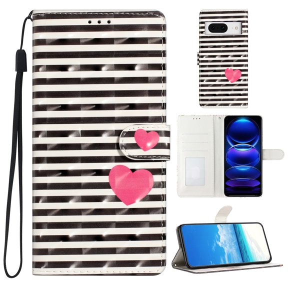 Compatible for Google Pixel 8 Flip Folio Case Wallet, Cute Women Girls Premium PU Leather Case with Card Holder Wrist Strap Magnetic Flip Stand Book Cover Anti-Shock Anti-drop, Striped Heart
