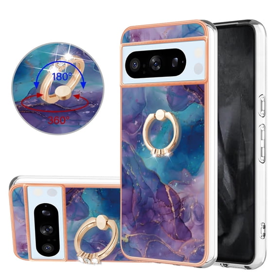 Compatible with Google Pixel 8 Pro Case, Fantastic Marble Patterned Phone Case Anti-Scratch Slim Hybrid Hard Plastic Bumper+Soft Silicone TPU with Ring Kickstand Bumper Shockproof Cover,Purple