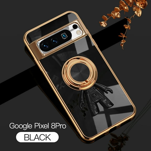 Compatible with Google Pixel 8 Pro Cute Case with 3D Astronaut 360 Ring Holder Hidden Kickstand Plating Camera Protection Cover Soft Silicone Bumper Phone Case for Women Men,Black