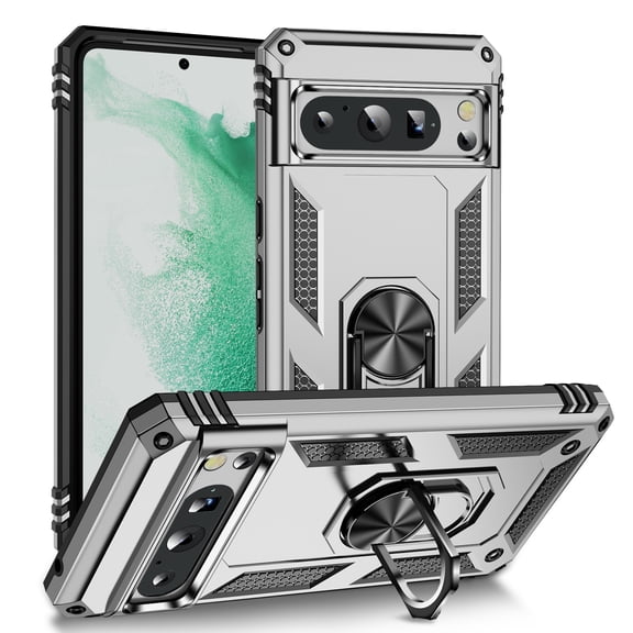 Compatible with Google Pixel 8 Pro Protective Case,Heavy Duty Shockproof Armor Phone Case with 360° Rotating Metal Ring Holder Kickstand Military Grade Protection Rugged Cover,Silver