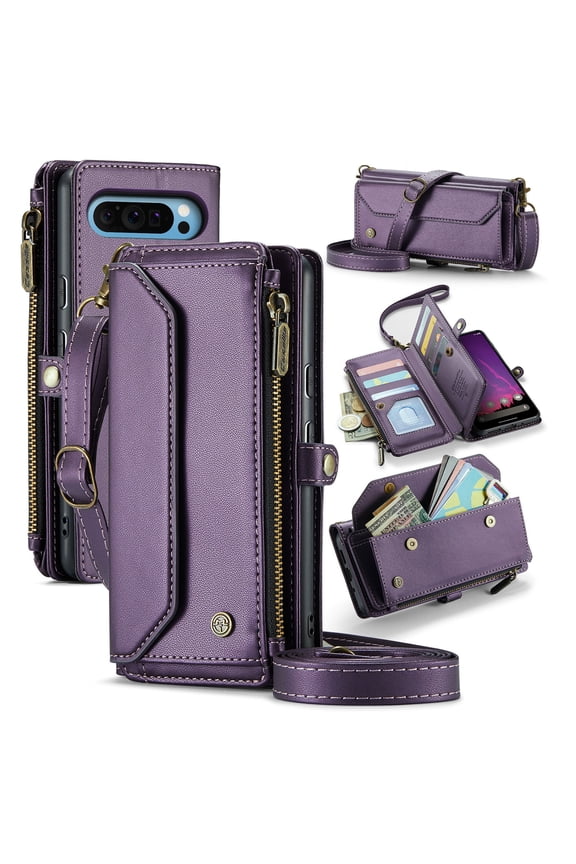 Compatible with Google Pixel 8 Pro Wallet Case, 10 Card Slots & 1 Zipper Coin Pocket & 1 Cash Slot & 1 Cash Pocket & Lanyard & Crossbody Strap & Kickstand & RFID Blocking Phone Case, Purple