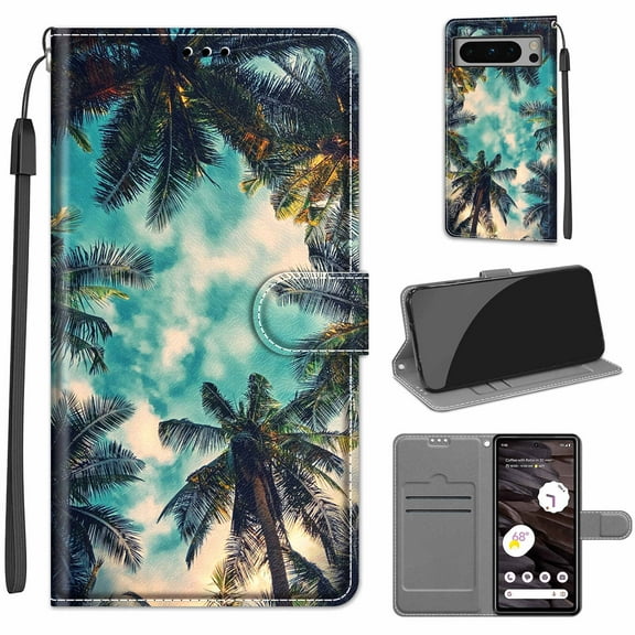 Compatible with Google Pixel 8 Pro Wallet Case with Card Holder, Flip Pattern Painted PU Leather Kickstand Wrist Strap Shockproof Phone Case for Google Pixel 8 Pro, Coconut Tree