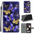 thumbnail image 1 of Compatible with Google Pixel 8 Pro Wallet Case with Card Holder, Flip Pattern Painted PU Leather Kickstand Wrist Strap Shockproof Phone Case for Google Pixel 8 Pro, Golden Blue Butterfly, 1 of 10