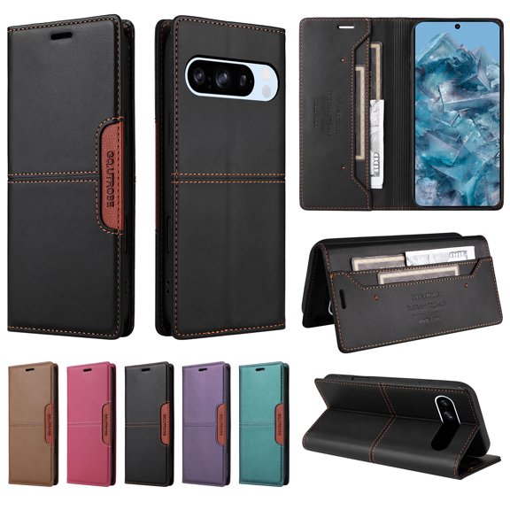 Compatible WIth Google Pixel 8 Pro Wallet Case,Magnetic Closure,Flip Folding Kickstand,With Card Slots,[RFID Blocking],With Shoulder Strap&Lanyard,PU Leather+TPU Shockproof Phone Case,Black