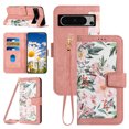 thumbnail image 1 of Compatible with Google Pixel 8 Pro Wallet Case for Women, Shoulder Strap + Wristband Premium PU Leather Floral Flip Cover with Card Holder Kickstand Feature Protective Purse Case, Pink, 1 of 9