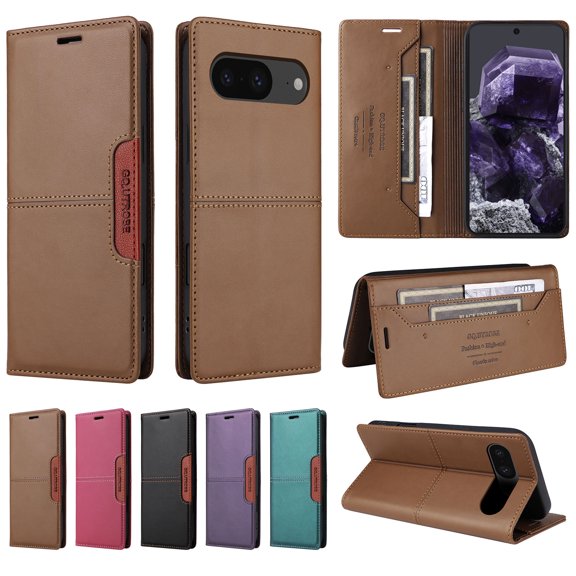Compatible WIth Google Pixel 8 Wallet Case,Magnetic Closure,Flip Folding Kickstand,With Card Slots,[RFID Blocking],With Shoulder Strap&Lanyard,PU Leather+TPU Shockproof Phone Case,Brown