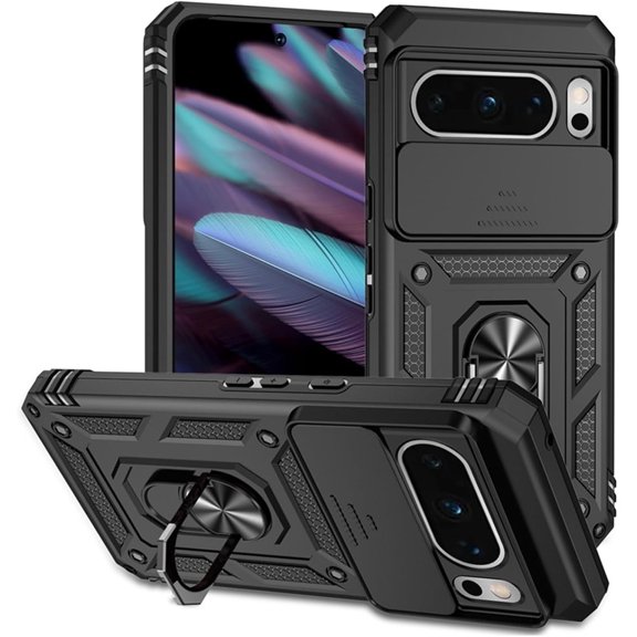 Compatible with Google Pixel 8 Wireless Charging Case with Sliding Camera Cover Magnetic Car Mount Stand Non-Slip Heavy Duty Shockproof Full Body Protective Cover for Men Women, Black