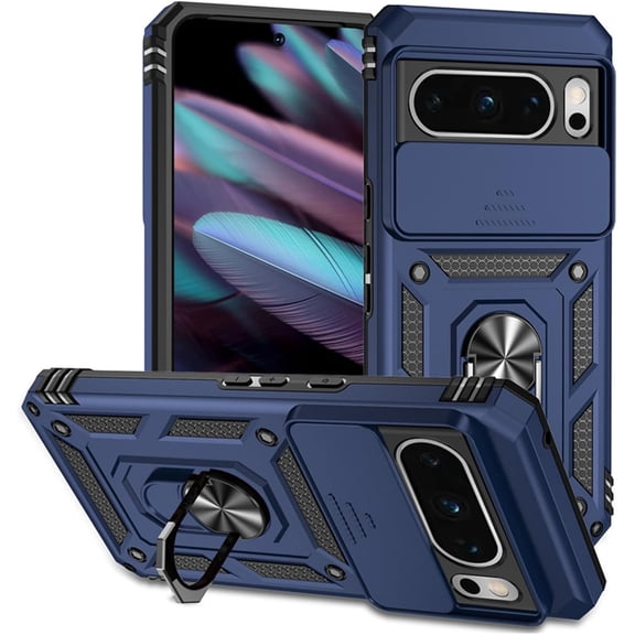 Compatible with Google Pixel 8 Wireless Charging Case with Sliding Camera Cover Magnetic Car Mount Stand Non-Slip Heavy Duty Shockproof Full Body Protective Cover for Men Women, Blue