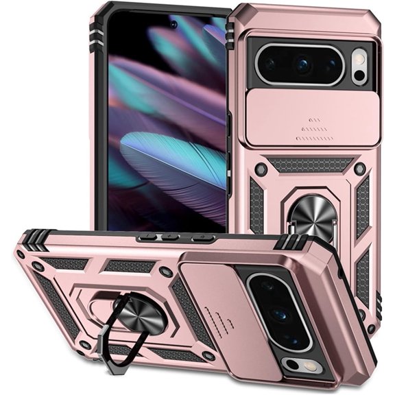 Compatible with Google Pixel 8 Wireless Charging Case with Sliding Camera Cover Magnetic Car Mount Stand Non-Slip Heavy Duty Shockproof Full Body Protective Cover for Men Women, Pink