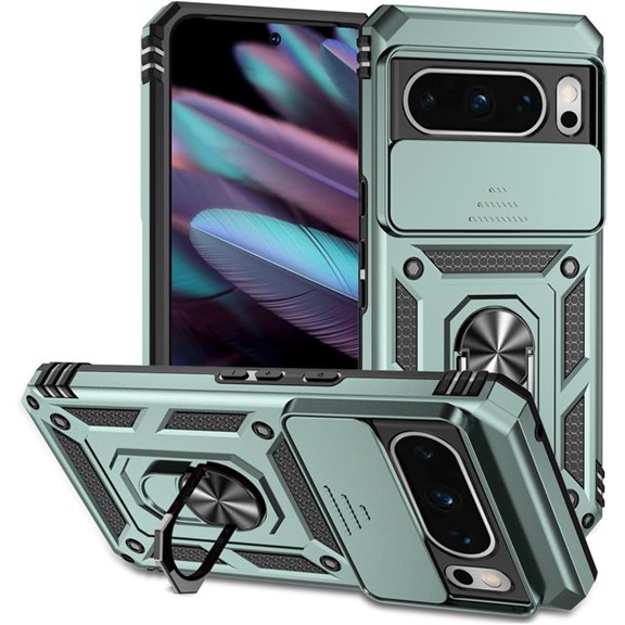 Compatible with Google Pixel 8 Wireless Charging Case with Sliding Camera Cover Magnetic Car Mount Stand Non-Slip Heavy Duty Shockproof Full Body Protective Cover for Men Women, Green