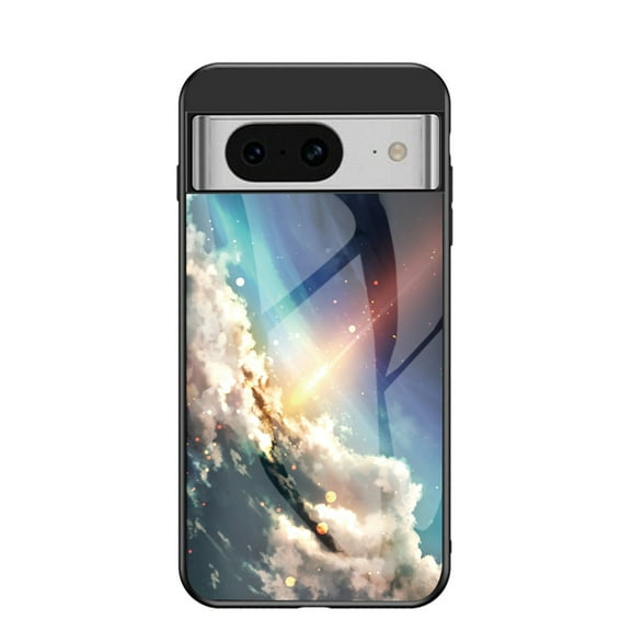 Compatible with Google Pixel 8A Case,Cute Starry Sky Patterned  Fashionable Tempered Glass Back with Soft Silicone Bumper Lightweight Protective Phone Case,Sparkling