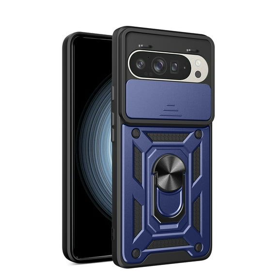 Compatible with Google Pixel 8A Case with Sliding Camera Lens Cover and Ring Kickstand Heavy Duty Military Grade Rugged Protection Shockproof Back Phone Cover for Google Pixel 8A, Blue