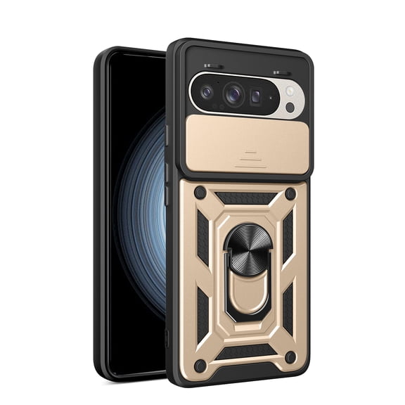 Compatible with Google Pixel 8A Case with Sliding Camera Lens Cover and Ring Kickstand Heavy Duty Military Grade Rugged Protection Shockproof Back Phone Cover for Google Pixel 8A, Gold