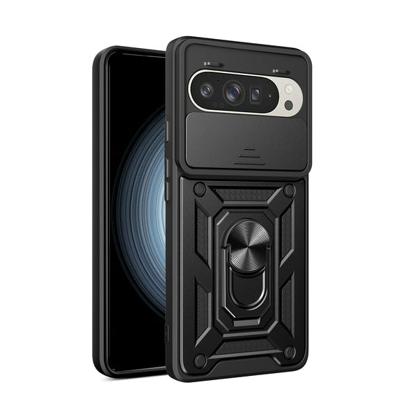 Compatible with Google Pixel 8A Case with Sliding Camera Lens Cover and Ring Kickstand Heavy Duty Military Grade Rugged Protection Shockproof Back Phone Cover for Google Pixel 8A, Black